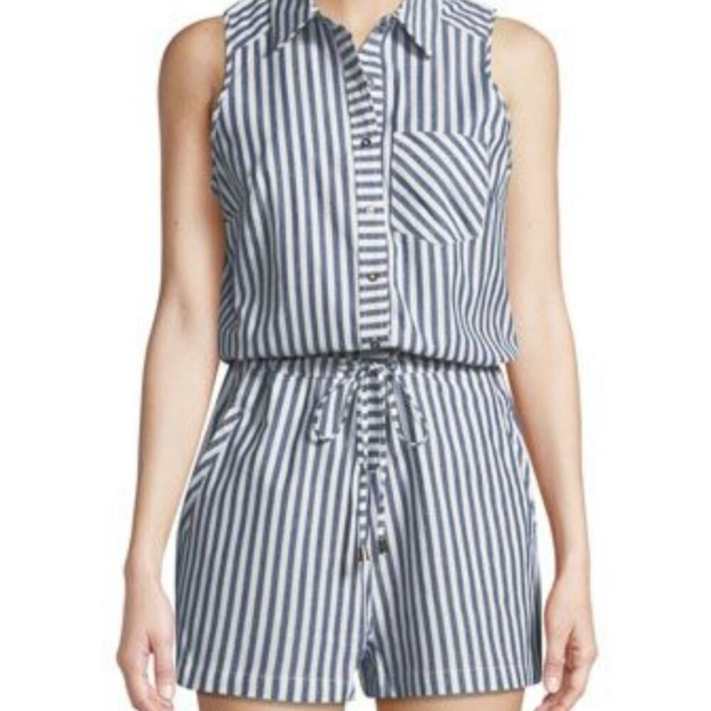 Dex Striped Cotton Shorts Romper with Collar - Picture 2 of 7